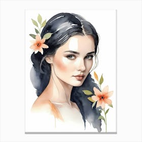 Floral Woman Portrait Watercolor Painting (16) Canvas Print