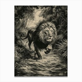 Barbary Lion Relief Illustration Crossing A River 3 Canvas Print