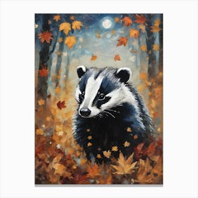 Cottagecore Badger in Autumn - Acrylic Paint Fall Badger with Falling Leaves at Night, Full Moon Perfect for Witchcore Cottage Core Pagan Tarot Celestial Zodiac Gallery Feature Wall Beautiful Woodland Creatures Series HD Canvas Print