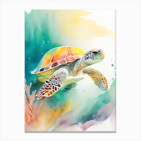 A Single Sea Turtle In Coral Reef, Sea Turtle Storybook Watercolours 1 Canvas Print