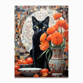 Black Cat With Orange Flowers 2 Canvas Print