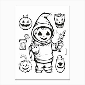 Halloween Black And White Line Art 3 Canvas Print