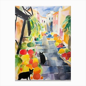 Food Market With Cats In Positano 2 Watercolour Canvas Print