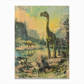 Dinosaur In Jurassic Landscape Vintage Illustration 2 Canvas Print