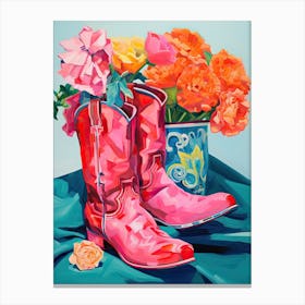 Oil Painting Of Pink And Red Flowers And Cowboy Boots, Oil Style 11 Canvas Print