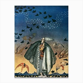 "No Sooner Had He Whistled Than He Heard A Whizzing And A Whirring From All Quarter And Such A Large Flock Of Birds Swept Down That They Blackened All The Field In Which They Settled" by Kay Nielsen - East of the Sun and West of the Moon 1914 - Vintage Victorian Fairytale Art Signed Remastered High Resolution Canvas Print