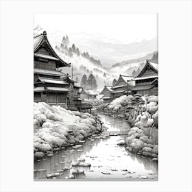 Shirakawa Go In Gifu, Ukiyo E Black And White Line Art Drawing 4 Canvas Print