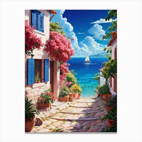 Lofi Anime Art: Mediterranean seaside village with a colorful house, blooming flowers, and a serene ocean view. Perfect for tranquil, sunny vibes. Canvas Print