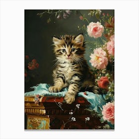 Striped Kitten With Flowers Canvas Print