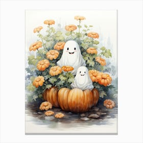 Cute Bedsheet Ghost, Botanical Halloween Watercolour 37 Canvas Print