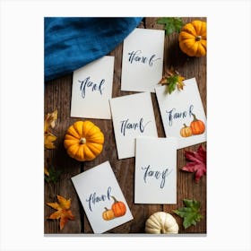 Assortment Of Wooden Thanksgiving Cards Arranged On A Rustic Wooden Table Backs Turned Towards The (2) Canvas Print