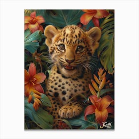 A Happy Front faced Leopard Cub In Tropical Flowers Canvas Print