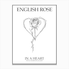 English Rose In A Heart Line Drawing 4 Poster Canvas Print