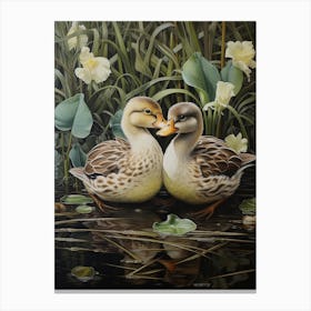 Floral Ornamental Ducks In The Cattail 4 Canvas Print