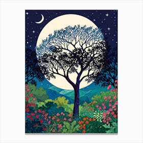 Night Sky With Tree And Flowers Canvas Print