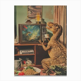 Dinosaur Watching Tv Retro Collage Canvas Print