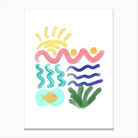 Pastel Colors Yellow Blue Pink Fish and Sun Abstract Nature Poster Canvas Print