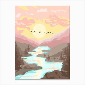 Mountain Birds River Sunset Pine Trees Abstract Modern Mountain Scenery Nature Landscape Canvas Print
