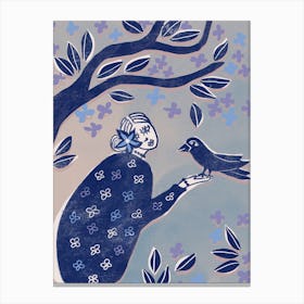 Lady In Blue With Bird Canvas Print