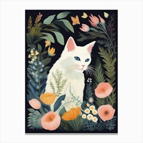 White Cat In Flowers Canvas Print