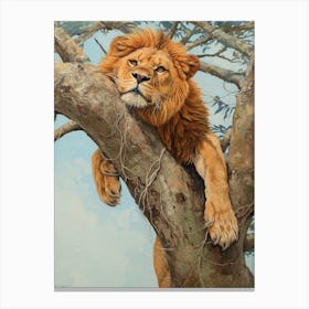 African Lion Climbing A Tree Acrylic Painting 1 Canvas Print