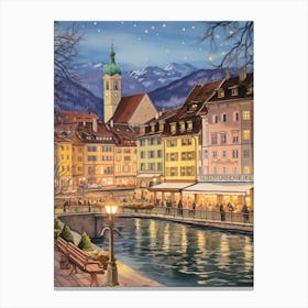 Vintage Winter Illustration Lucerne Switzerland 5 Canvas Print