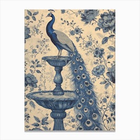 Vintage Peacock Cream & Blue On A Fountain Canvas Print