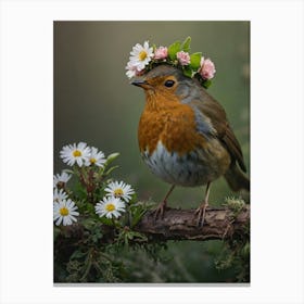 Robin With Flower Crown 7 Canvas Print