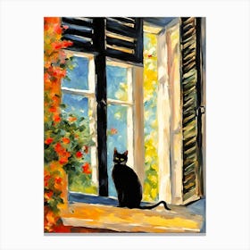 Black Cat by an Open Window in Summer, Riviera Impressionism Painting Canvas Print