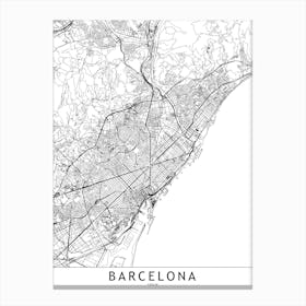 Barcelona White Map Canvas Print