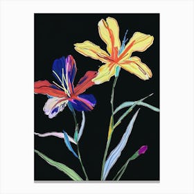 Neon Flowers On Black Flax Flower 2 Canvas Print