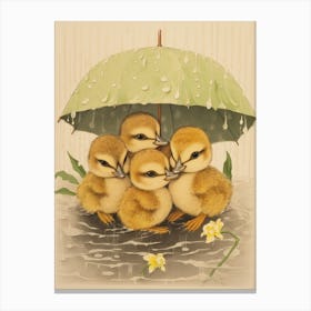 Ducklings In The Rain Japanese Woodblock Style 2 Canvas Print