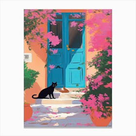 Black Cat Mediterranean Blue Door Canvas Print
