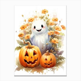 Cute Ghost With Pumpkins Halloween Watercolour 93 Canvas Print