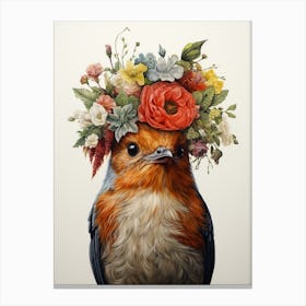 Bird With A Flower Crown European Robin 4 Canvas Print