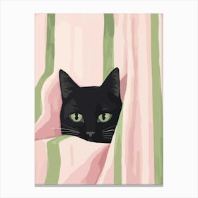 Black Cat In Bed Pink Green Stripes Canvas Print