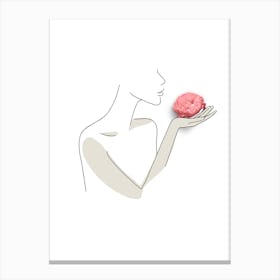 Minimal Line Art Girl With Pink Rose Canvas Print