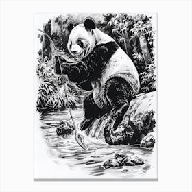 Giant Panda Fishing In A Stream Ink Illustration 2 Canvas Print