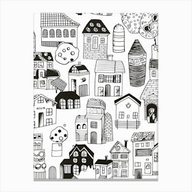 Houses Black And White Line Art Canvas Print