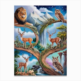 Lions And Deer Art Canvas Print