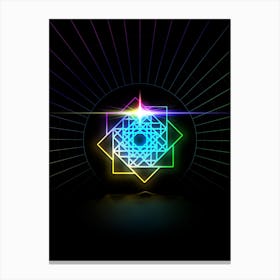 Neon Geometric Glyph in Candy Blue and Pink with Rainbow Sparkle on Black n.0146 Canvas Print