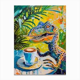 Dinosaur Drinking Coffee Blue Orange Brushstroke 1 Canvas Print