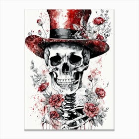 Floral Skeleton With Hat Ink Painting (38) Canvas Print