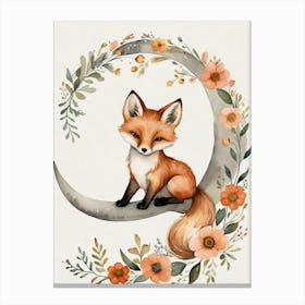 Floral Cute Fox Watercolor Moon Paining (24) Canvas Print