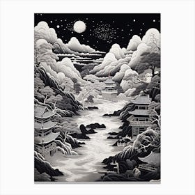 Shikoku Pilgrimage In Shikoku, Ukiyo E Black And White Line Art Drawing 2 Canvas Print