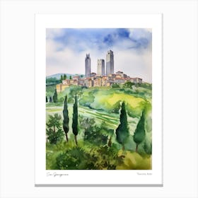 San Gimignano, Tuscany, Italy 1 Watercolour Travel Poster Canvas Print
