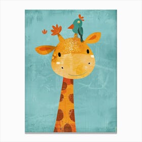 Small Joyful Giraffe With A Bird On Its Head 19 Canvas Print