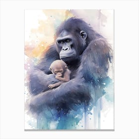 Baby And Mama Gorilla Art Watercolour Nursery 4 Canvas Print