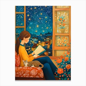 Girl Reading Book with Her Cat 17 Canvas Print