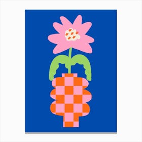 Checkered Flower Vase On A Blue Background Canvas Print